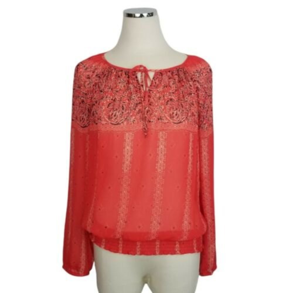 Lucky Brand Orange Blouse Medium Paisley Tie Neck Smocked Waist Top Boho Peasant - Picture 1 of 12